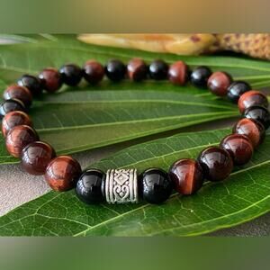 ALL THING BEAUTIFUL: Red Tigers Eye w/Black Onyx Mens Beaded Bracelet (New)